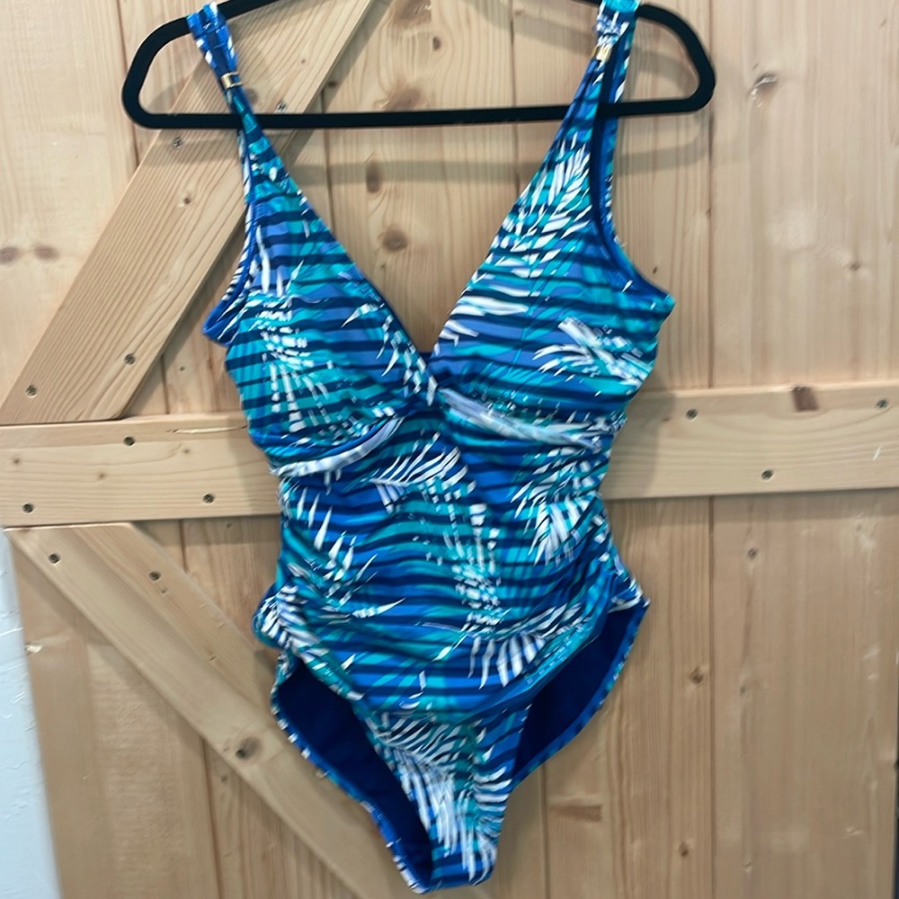 Ralph Lauren blue palm halter one piece bathing suit. Size 12